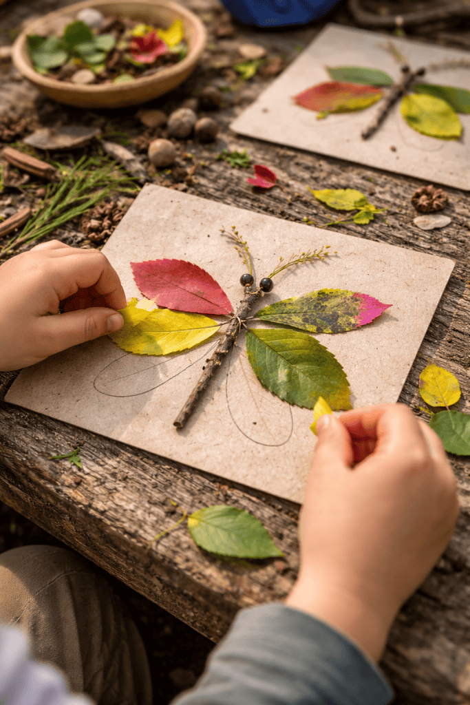 child arranging colorful leaves and twigs on recycled cardboard to create a nature-inspired insect collage during an outdoor craft activity