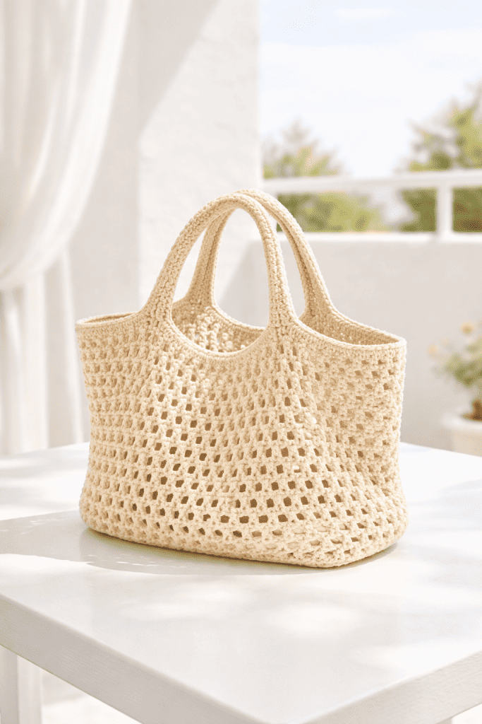 a handmade crochet market tote bag displayed on a clean white table set within a bright, modern balcony with white interiors