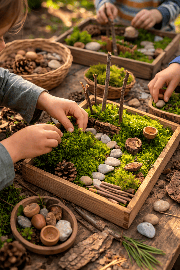 children creating miniature moss gardens in wooden trays using pebbles, sticks, and acorn caps during an outdoor nature craft activity