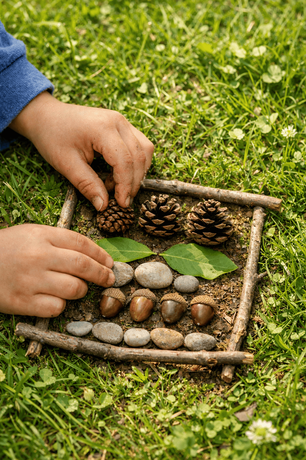 kids arranging pinecones, acorns, leaves, and stones inside a small stick frame nature craft on grass
