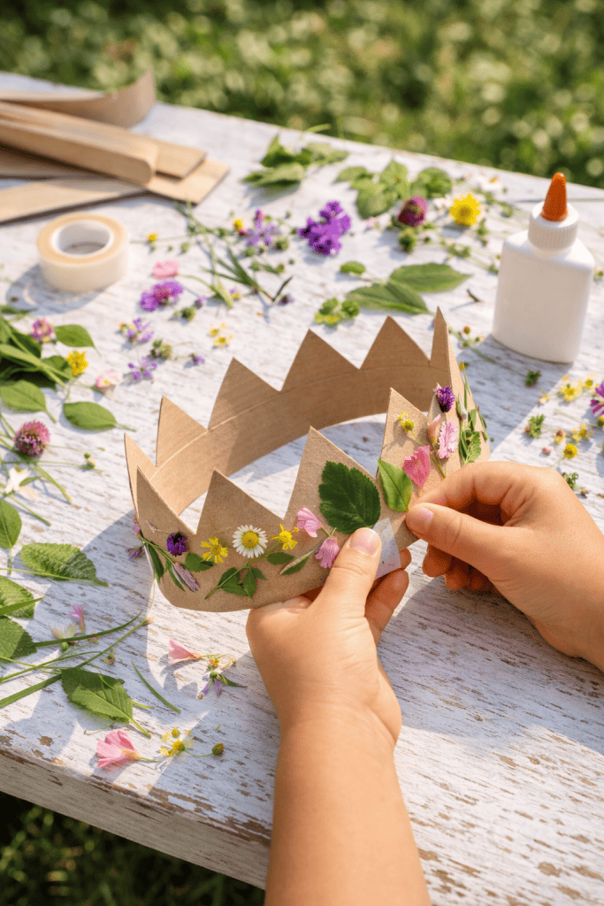 kids making pressed flower bookmarks with dried flowers and tape on cardstock