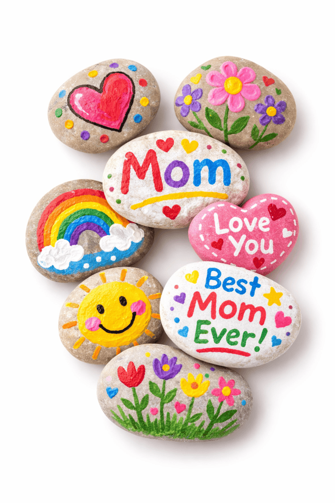 hand-painted keepsake stones made by children as Mother’s Day gifts.
