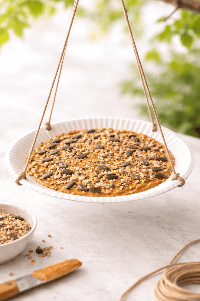 a handmade paper plate bird feeder crafted by kids.