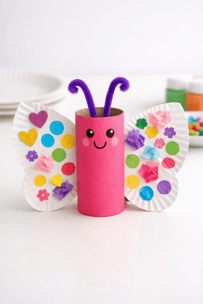 Colorful 3D paper plate butterfly craft with a painted toilet paper roll body and pipe cleaner antennae on a white table.