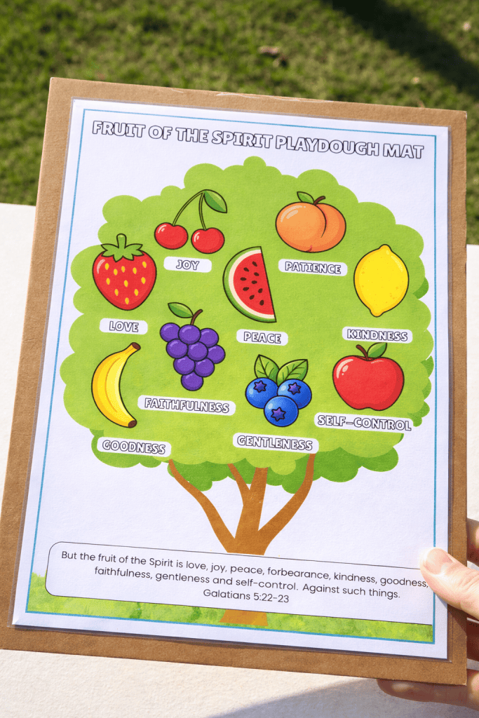 printed fruit of the spirit playdough mat mounted on cardboard showing a tree with labeled fruits from Galatians 5:22–23
