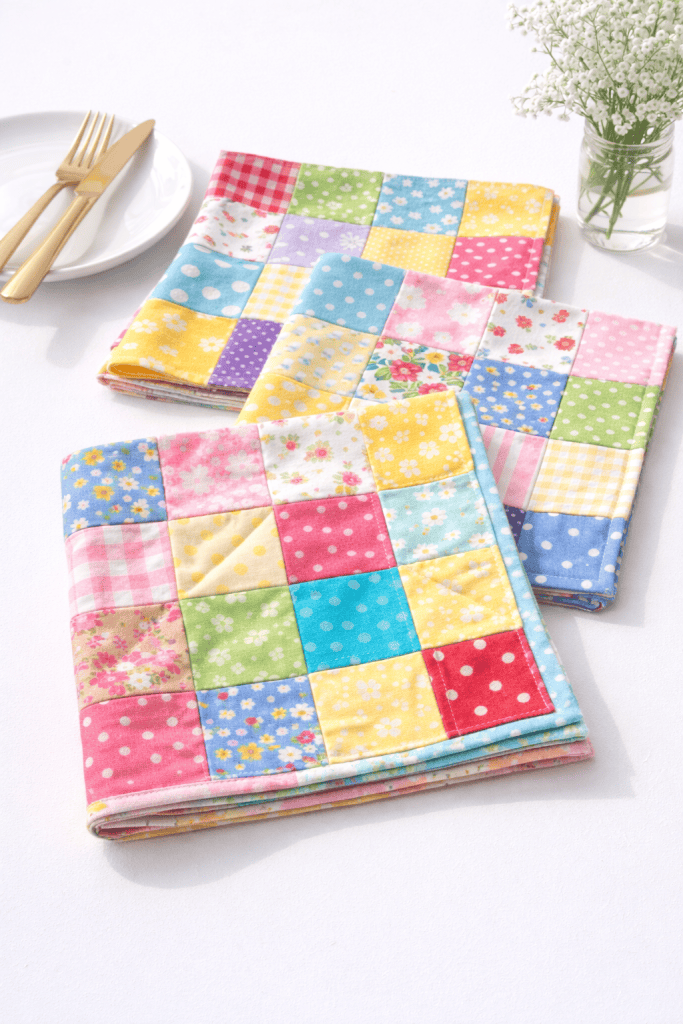 Colorful patchwork napkins on white table