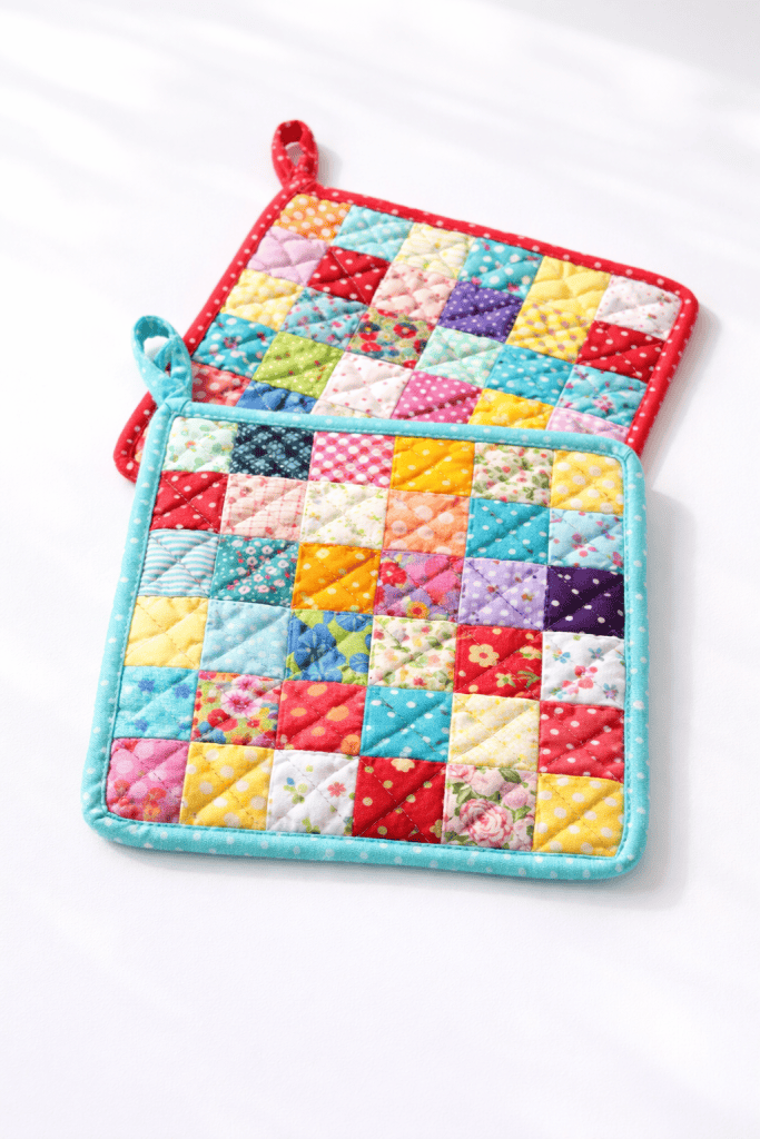 Two colorful patchwork quilt pot holders made from small scrap fabric squares with hanging loops and bright binding.