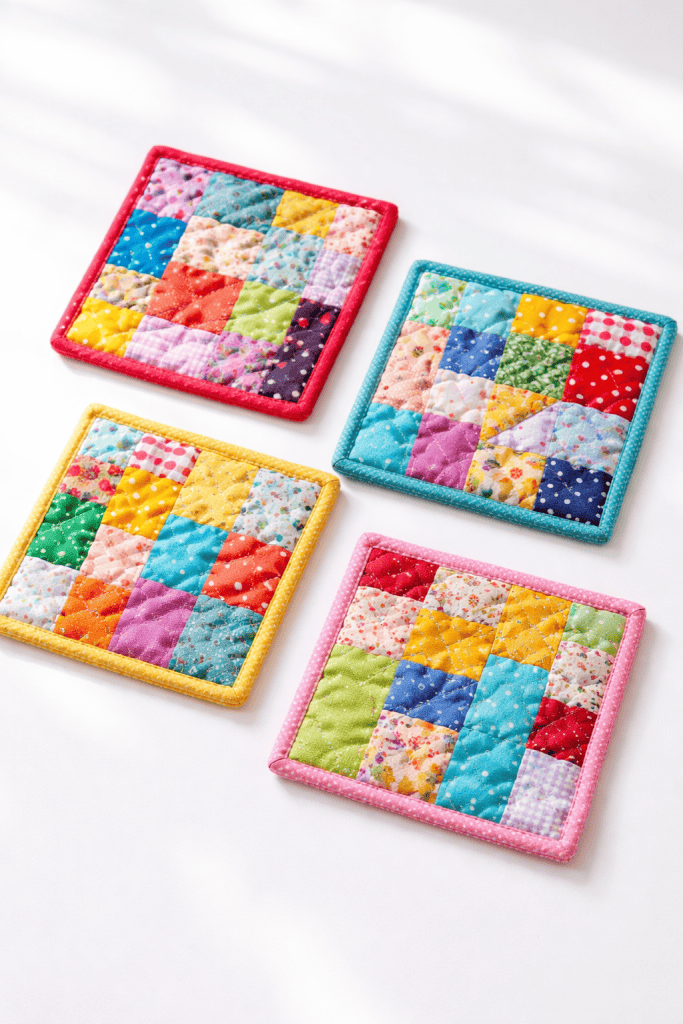 Four colorful patchwork quilt coasters made from scrap fabric squares with bright binding, arranged on a white surface.