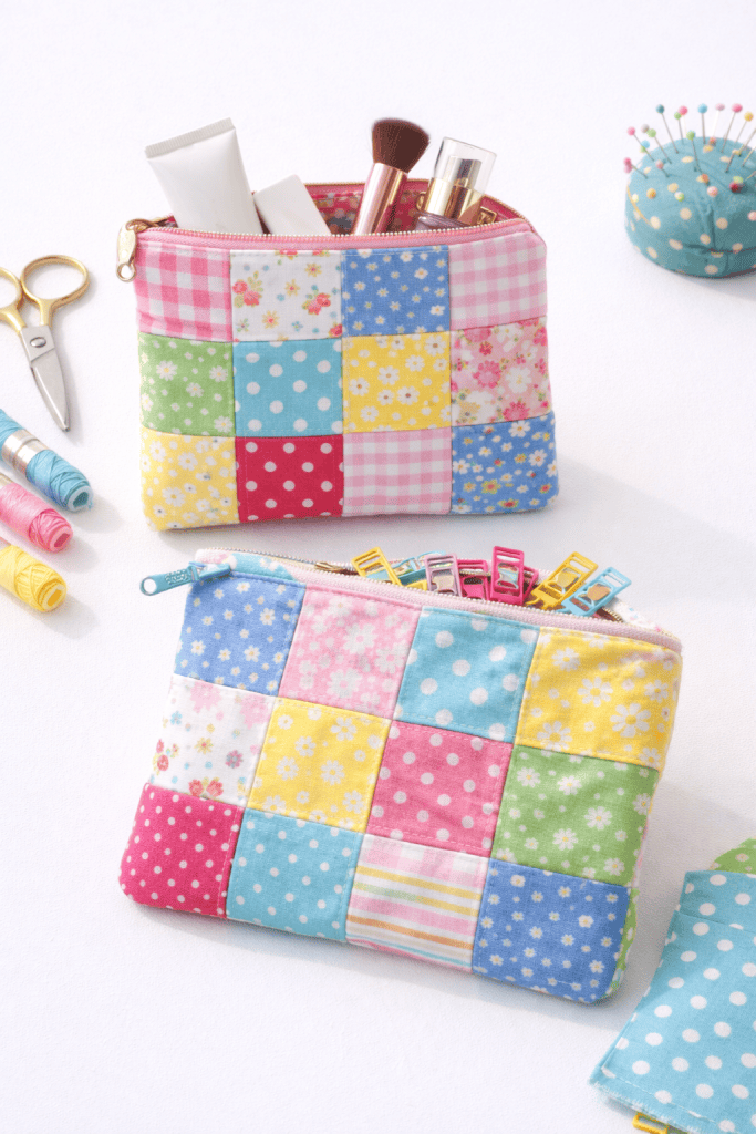 Two colorful patchwork zipper pouches made from scrap fabric squares, filled with makeup and sewing clips, placed beside sewing tools on a white table.