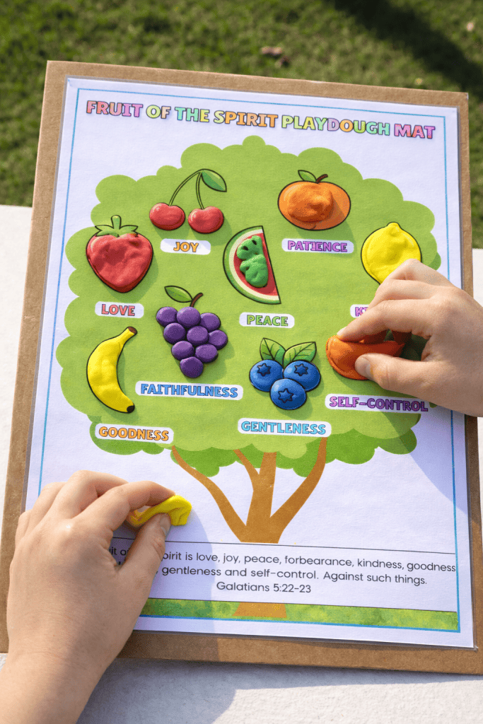 child placing playdough on fruit of the spirit playdough mat with labeled fruits from Galatians 5:22–23 outdoors