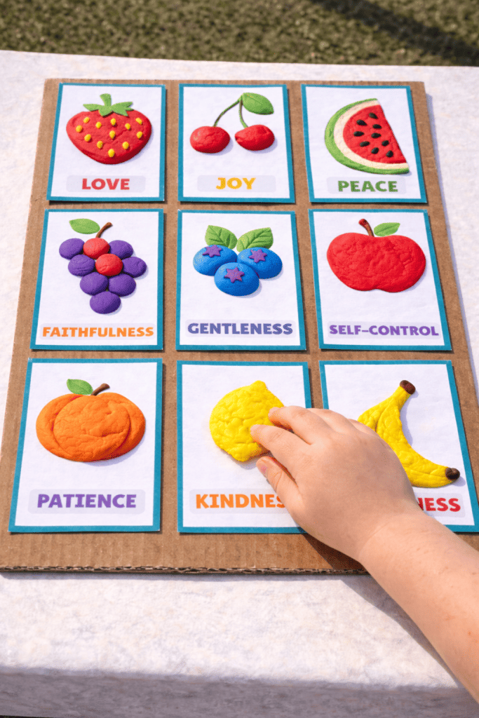 child pressing playdough onto the kindness fruit card on a fruit of the spirit card board outdoors