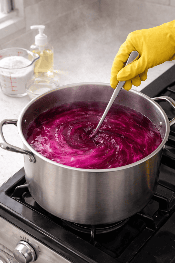 the preparation of a fabric dye bath on a stovetop