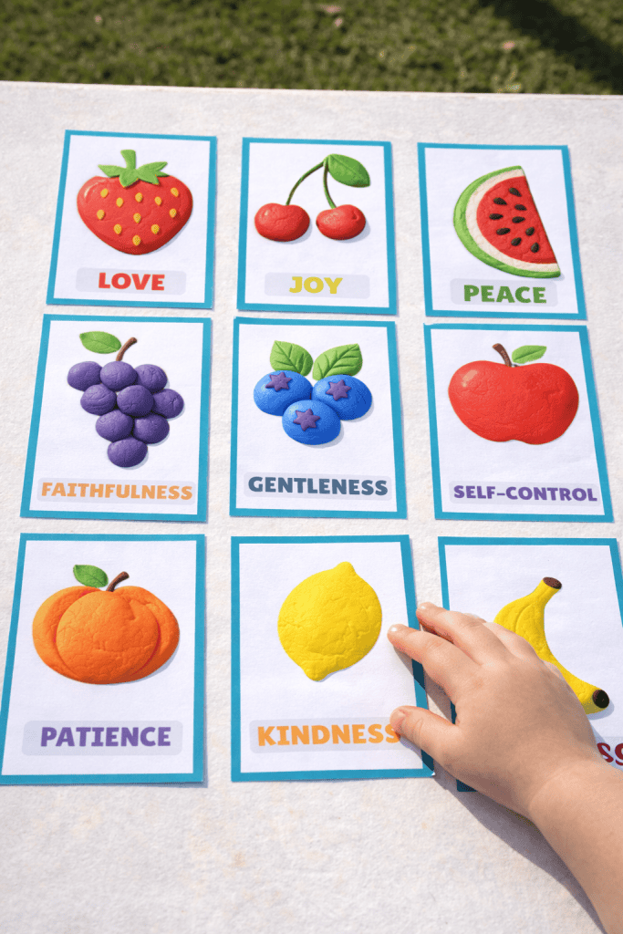 newly cut fruit of the spirit playdough cards arranged on a white table outdoors with a child’s hand reaching toward the kindness card
