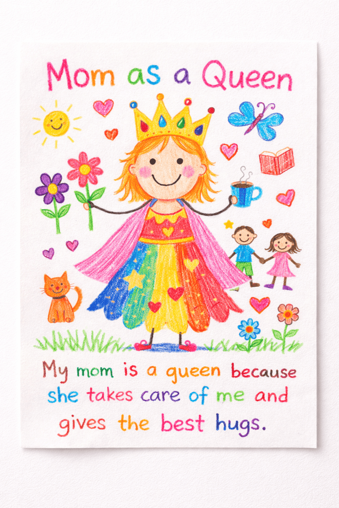 a child’s colorful drawing titled “Mom as a Queen”, made with crayons and markers on white paper
