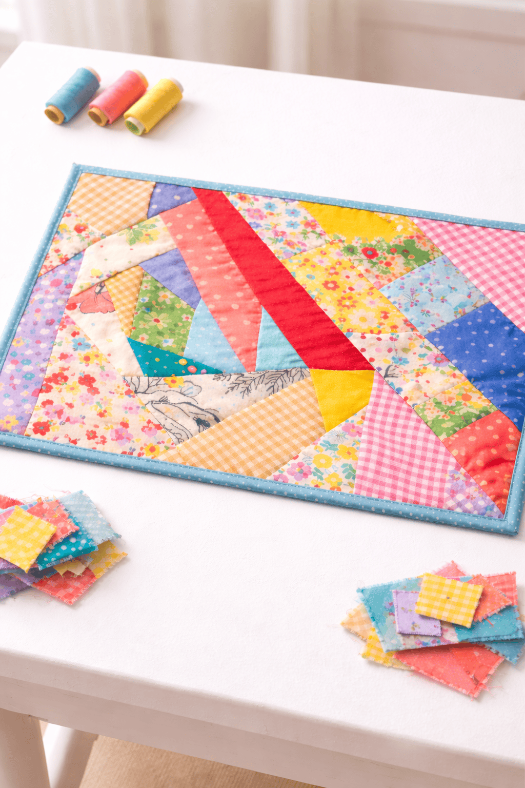 Colorful patchwork mat made from scrap fabric pieces with blue binding, placed on a white table with small fabric squares and sewing thread nearby.