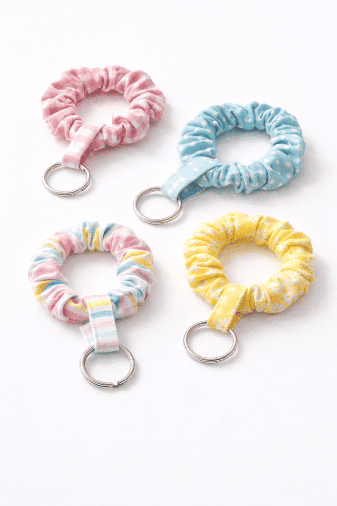 Colorful scrunchie keychains on white background