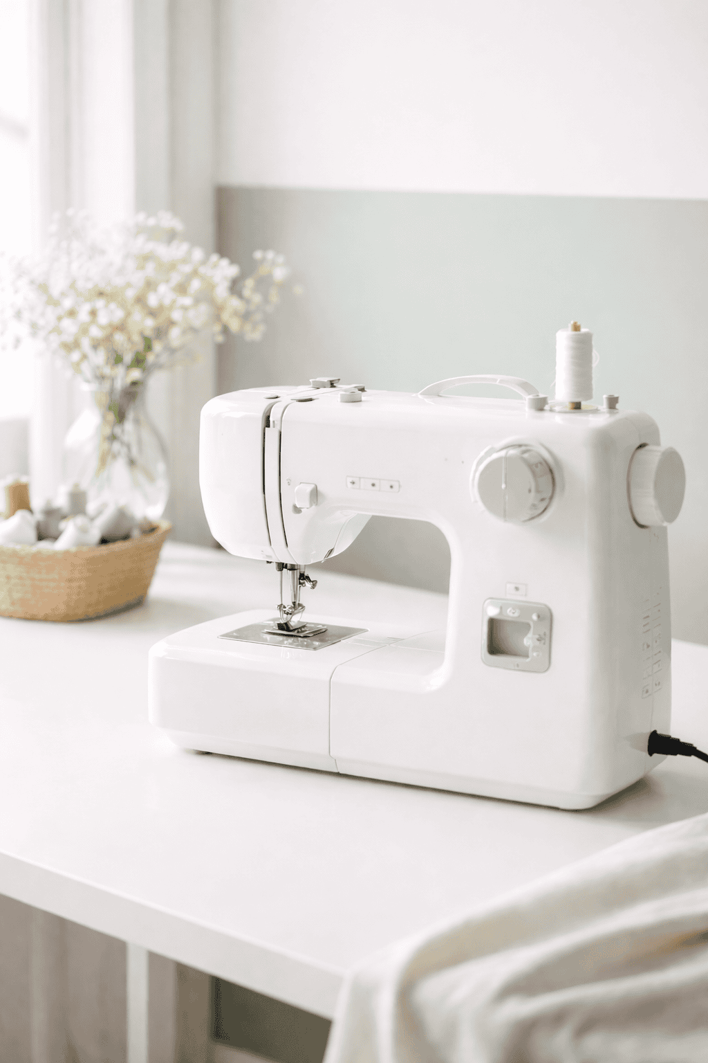 White sewing machine by the window