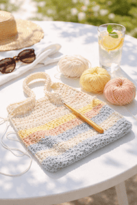a summer crochet project arranged on a pristine white outdoor table