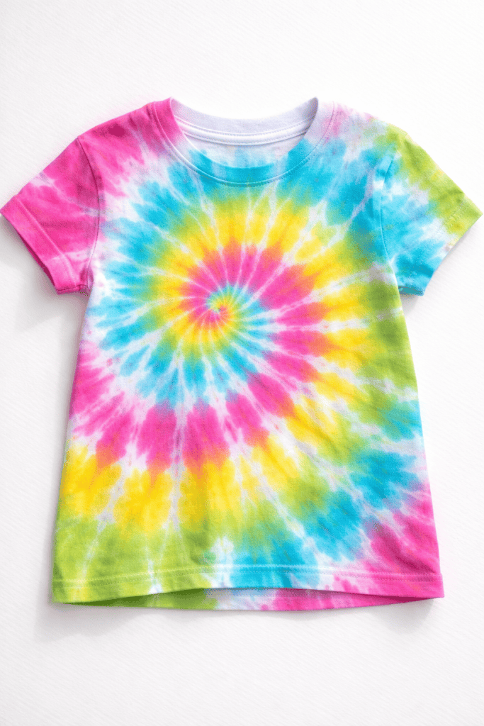 a kid-made tie-dye t-shirt laid flat on a plain bright white table.