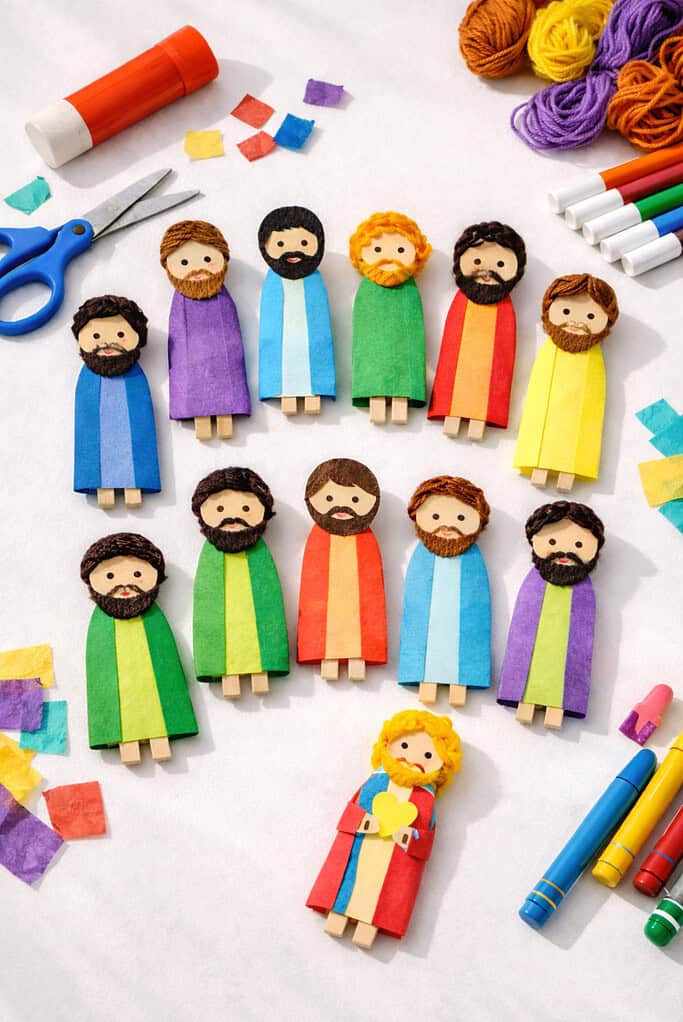 A collection of handmade disciple crafts displayed at the center—such as paper doll figures, clothespin characters, or simple finger puppets representing the twelve disciples.