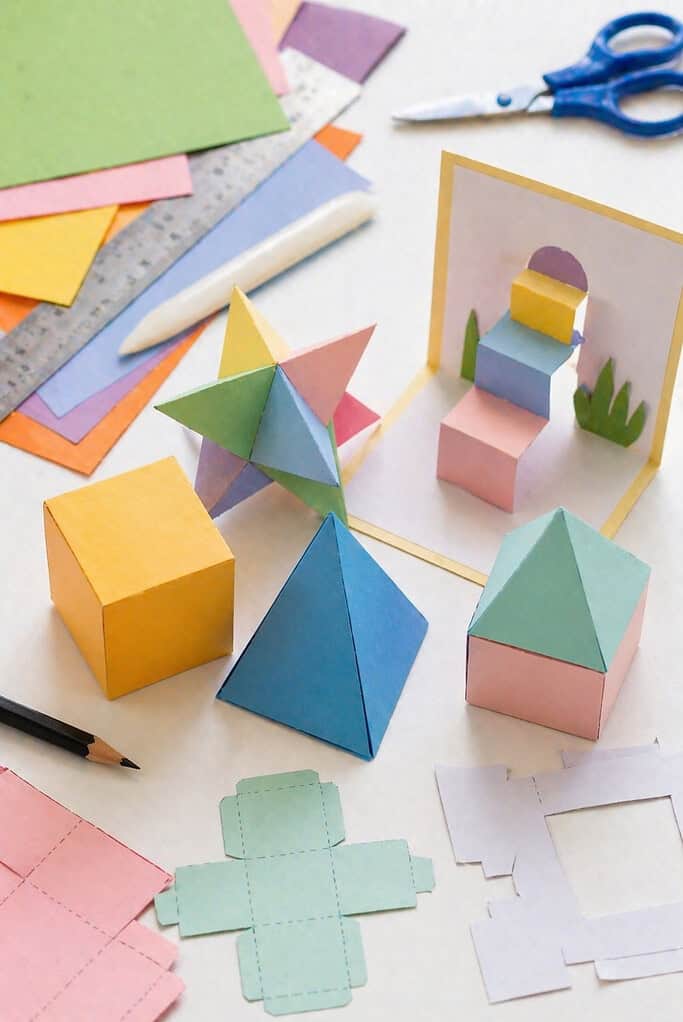 a small collection of three-dimensional paper creations, such as geometric shapes (cubes, pyramids), simple pop-up structures, and abstract folded sculptures.