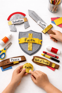 kid-friendly craft items forming elements of the Armor of God theme—paper shield, cardboard sword, helmet cutouts, and decorative badges labeled with words like “Faith,” “Truth,” “Salvation,” and “Peace.”