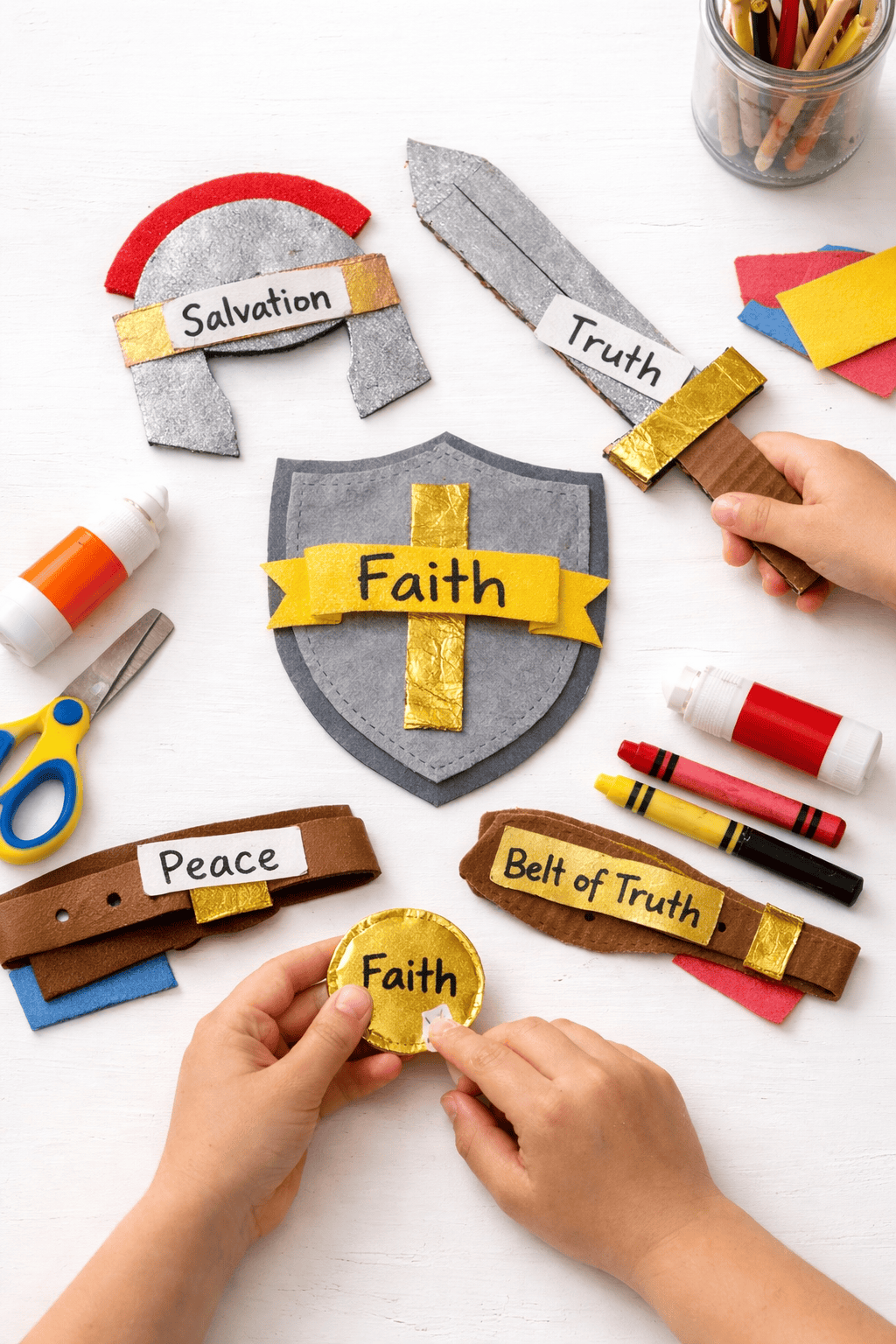 kid-friendly craft items forming elements of the Armor of God theme—paper shield, cardboard sword, helmet cutouts, and decorative badges labeled with words like “Faith,” “Truth,” “Salvation,” and “Peace.”