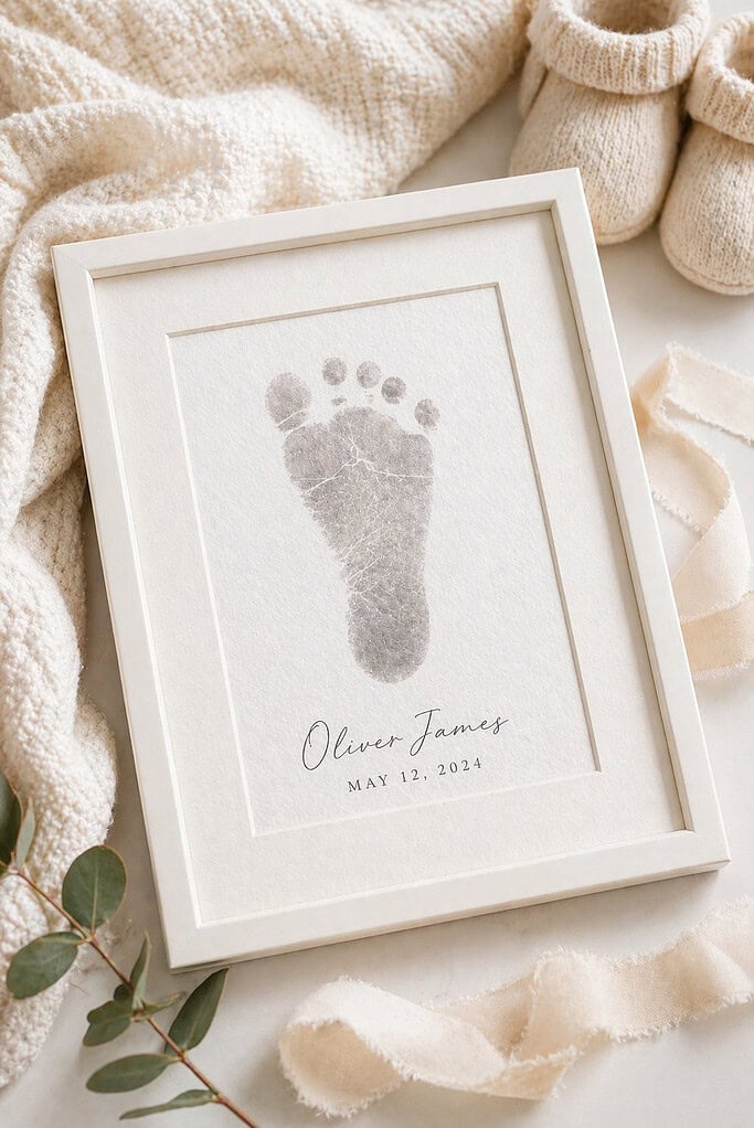 a single, tiny baby footprint stamped in soft, muted paint (light gray, pastel pink, or gentle beige) onto high-quality textured paper or fine canvas
