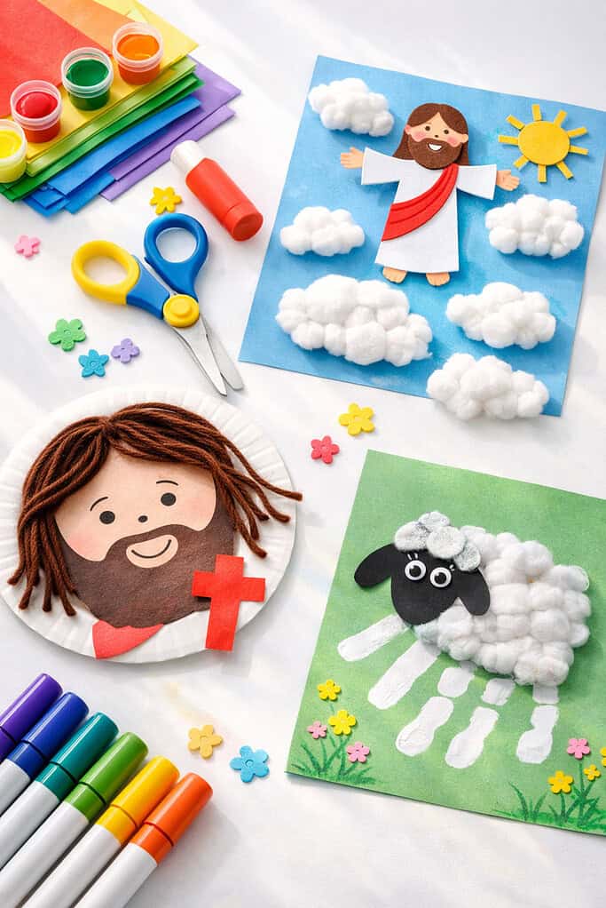 Bible-themed preschool crafts in vibrant colors