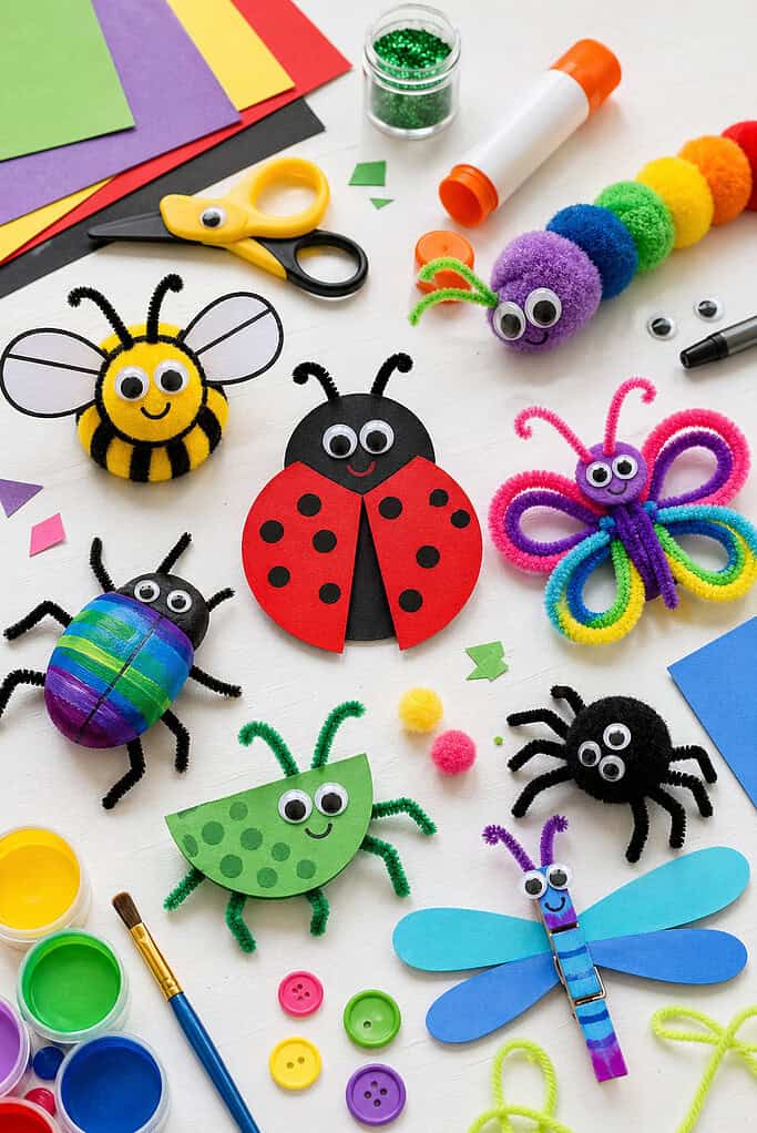 a variety of kid-friendly bug crafts such as paper ladybugs, pom-pom caterpillars, pipe cleaner butterflies, googly-eyed bees, and colorful beetles