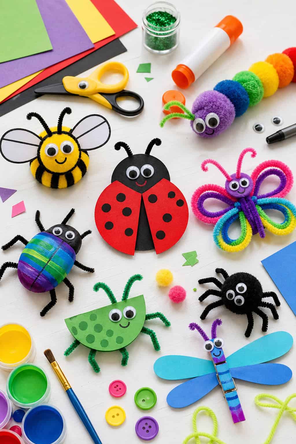 a variety of kid-friendly bug crafts such as paper ladybugs, pom-pom caterpillars, pipe cleaner butterflies, googly-eyed bees, and colorful beetles