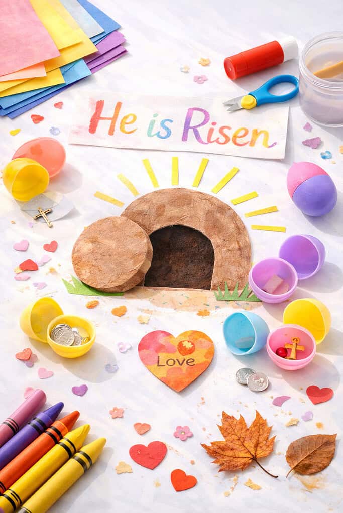 A collection of handmade resurrection-themed crafts placed at the center.