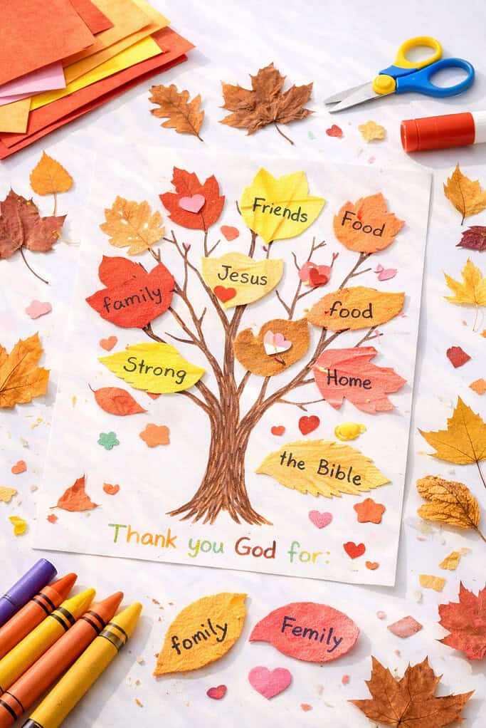 A handmade gratitude tree craft placed at the center, created from either drawn or cut-out paper branches with colorful fall leaves arranged around or attached to it