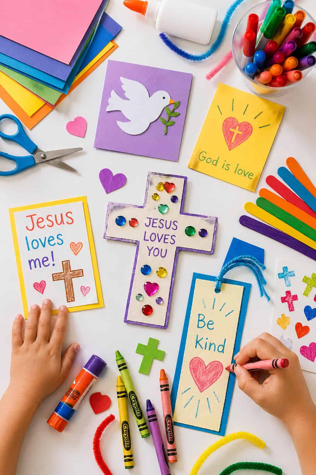 a variety of children’s craft supplies arranged in a visually pleasing, slightly organic layout