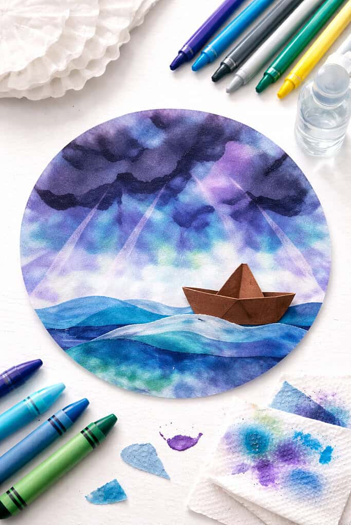 A flattened, round coffee filter centered in the frame, transformed into a stormy sky using a tie-dye watercolor effect.