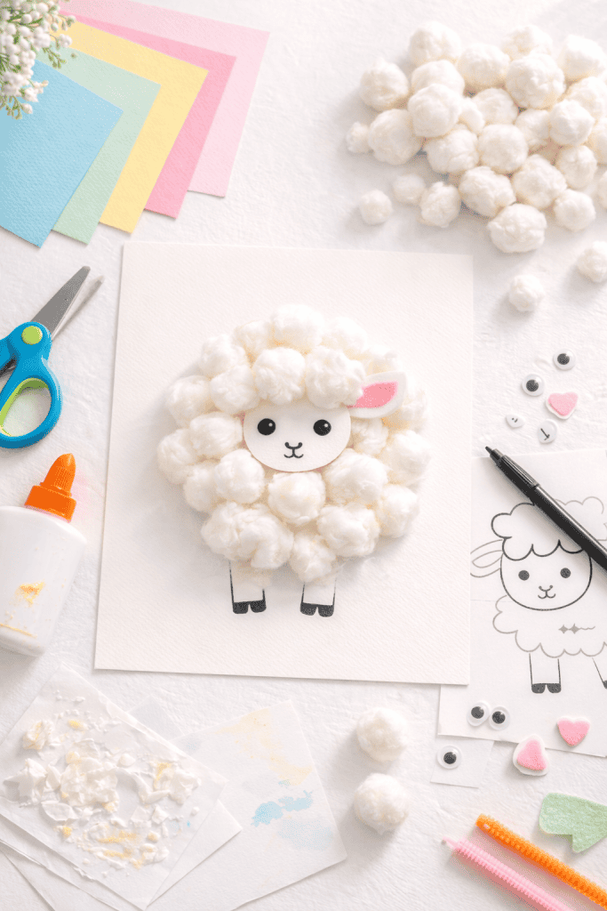 a toddler spring craft featuring a “Cotton Ball Lamb.”