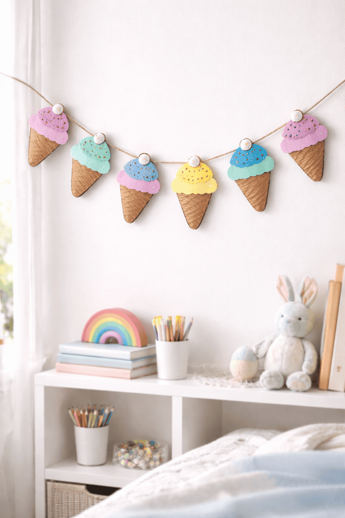 a DIY ice cream garland made from cardboard hanging in a bright, minimal white kids’ room.