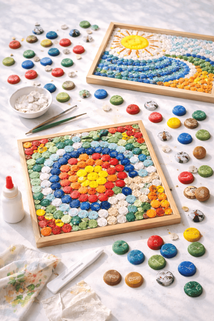 Summer craft DIY bottle cap mosaic art with colorful recycled materials