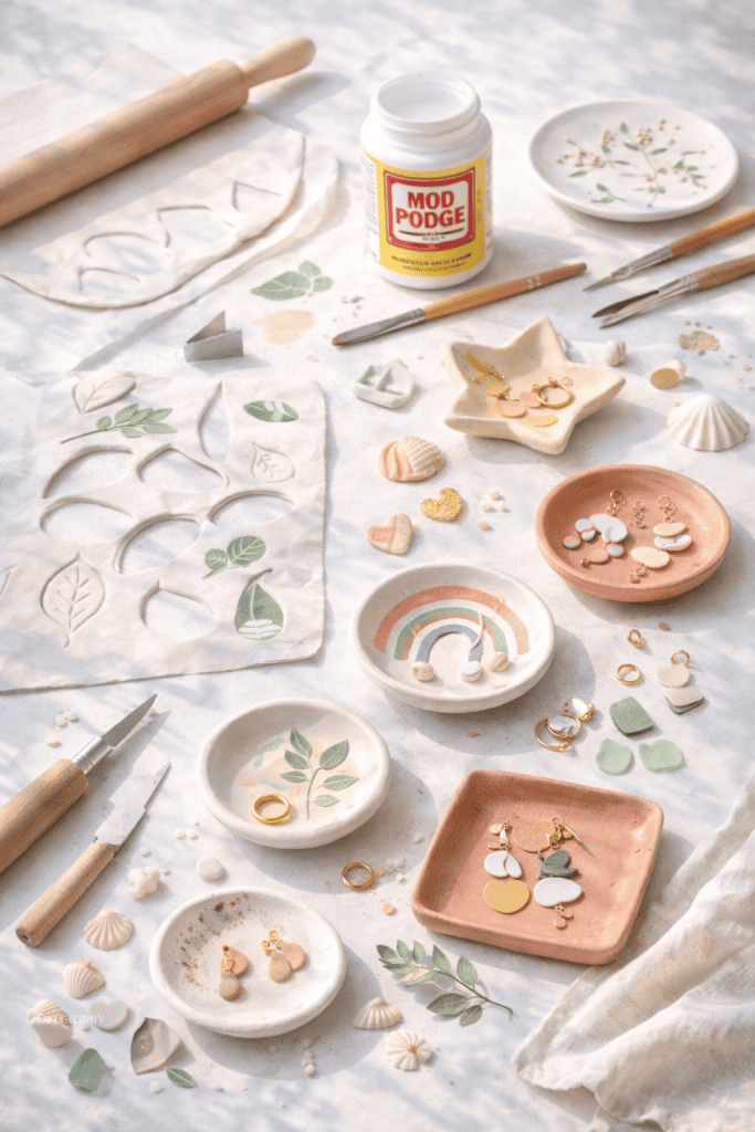 Summer craft DIY clay jewelry dishes and trinket trays with handmade designs