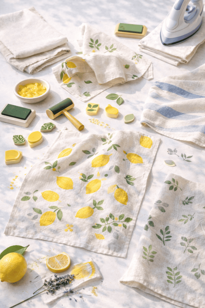 Summer craft DIY stamped tea towels with lemon print and fabric paint