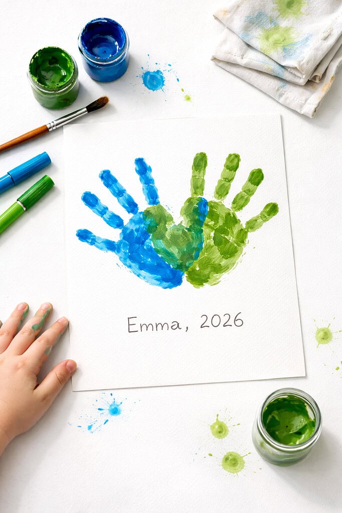A sheet of white paper displaying overlapping child-sized handprints—one painted in vibrant blue and the other in rich green—forming an abstract Earth shape