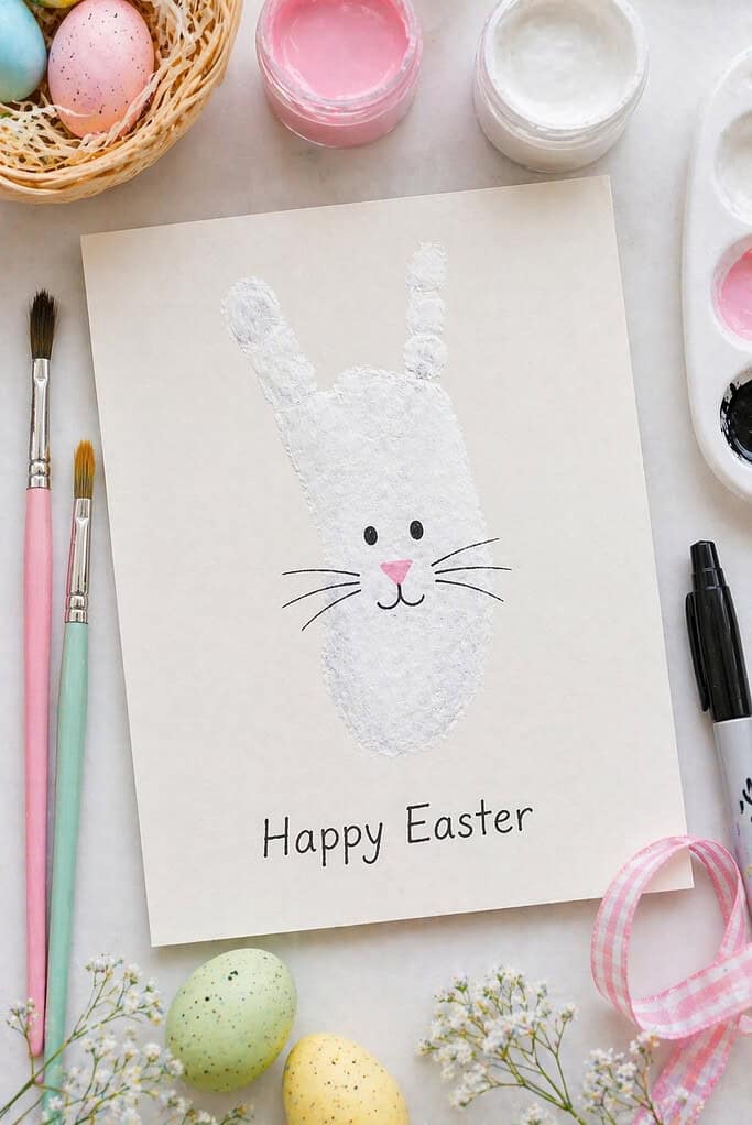 a single child’s footprint stamped in soft white paint onto pastel or white cardstock.