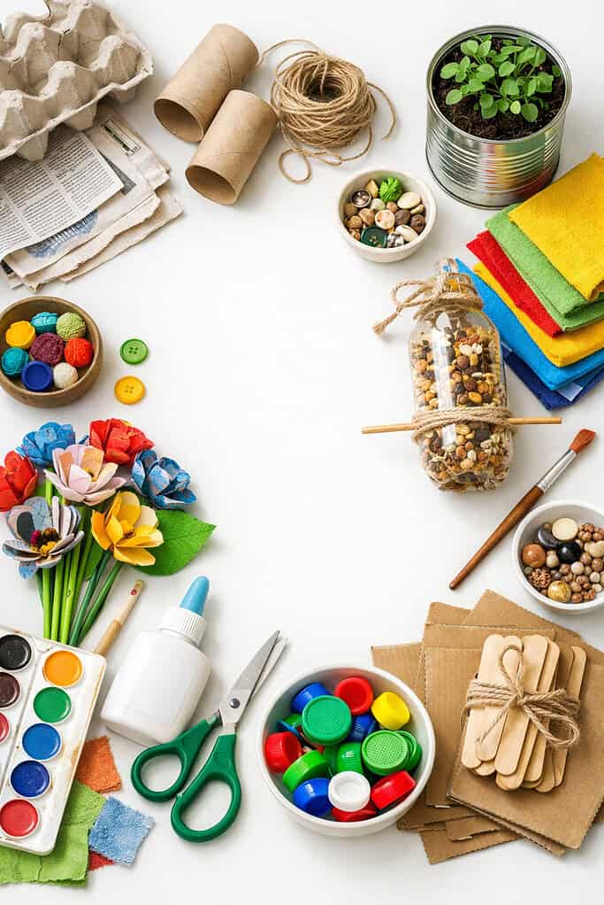 Eco-friendly crafting supplies flat lay