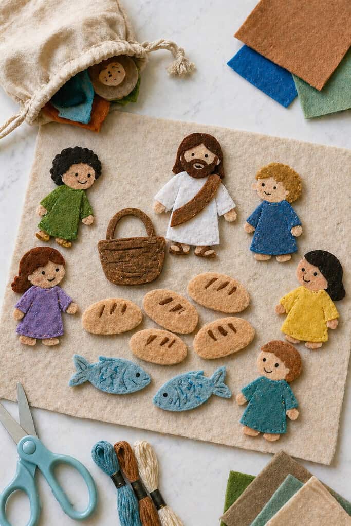 a soft felt storytelling set arranged on a rectangular piece of neutral-colored wool felt (light beige, soft gray, or muted pastel) acting as the background “scene.”