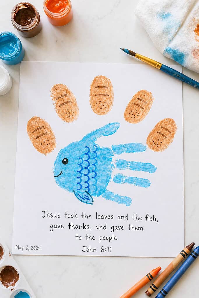 a sheet of cardstock or thick white paper featuring a child’s painted handprint transformed into a fish