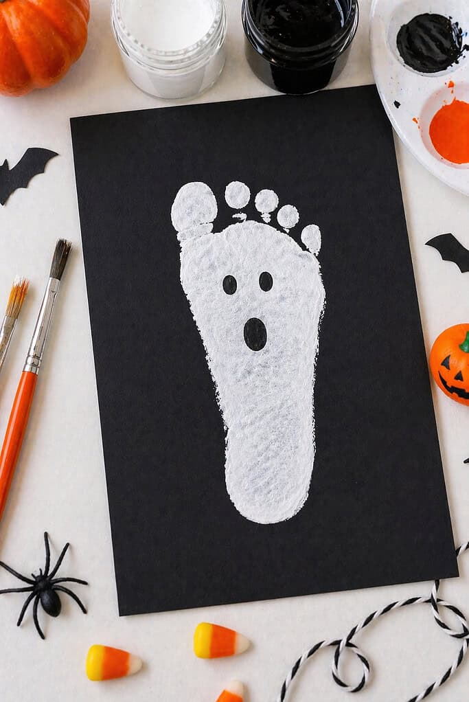 a white-painted child’s footprint stamped onto black paper