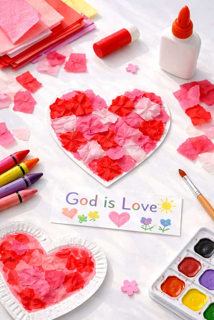 A handmade heart-shaped craft placed at the center, created using torn tissue paper pieces in shades of red, pink, and white