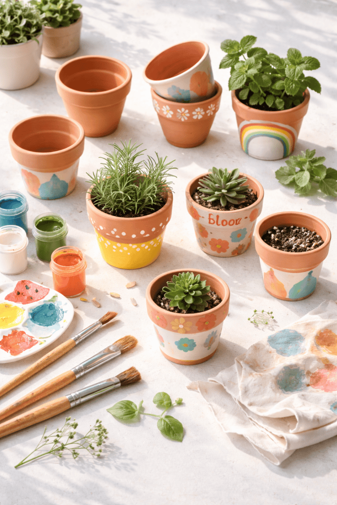 Summer craft painted terracotta pots DIY with succulents and colorful designs