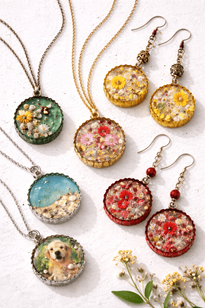 Handcrafted resin jewelry with natural accents