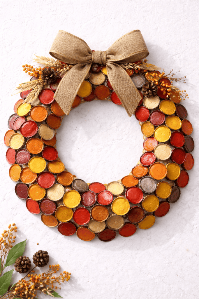 Handmade autumn wreath with bottle caps